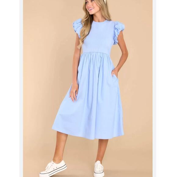 English Factory Puff Sleeve Midi Dress – Powder Blue – Size Large - Picture 1 of 8